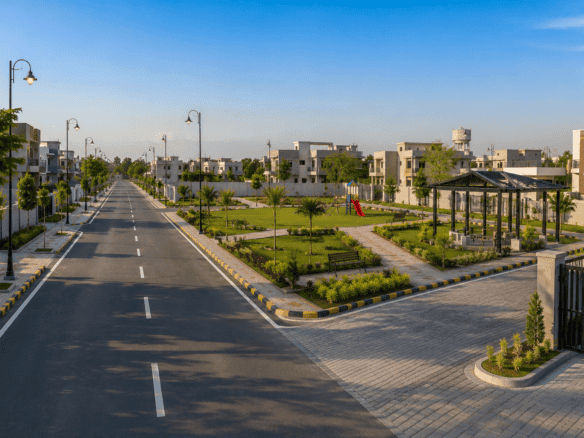 Modern residential township in Jhajjar with wide roads and green parks.