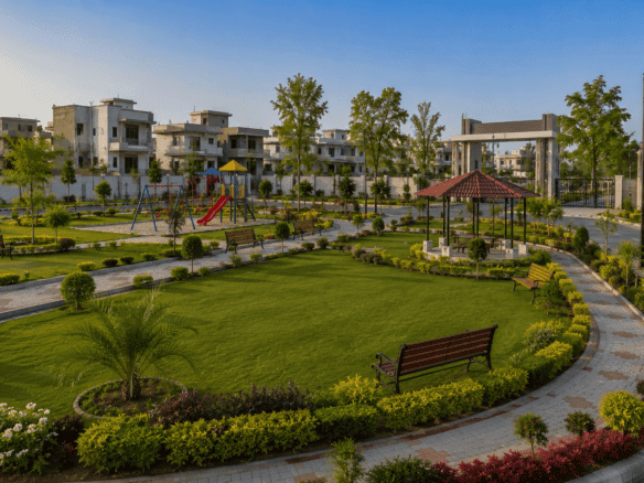 Beautiful landscaped park in Nobel Economic Township Jhajjar with walking paths and seating areas.