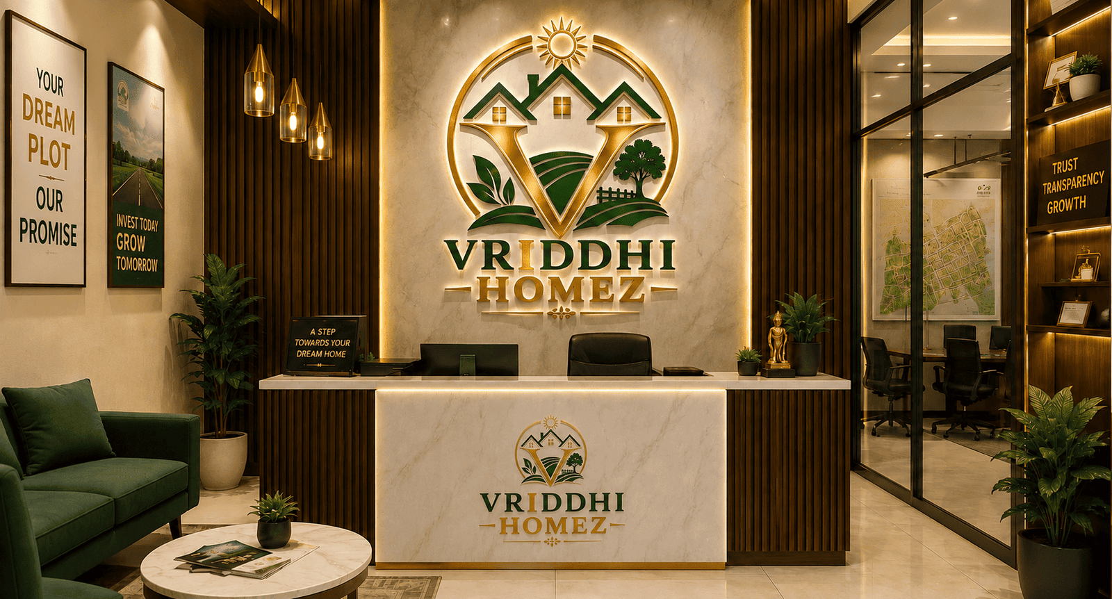 Modern reception area at Vriddhi Homez with logo and warm lighting.