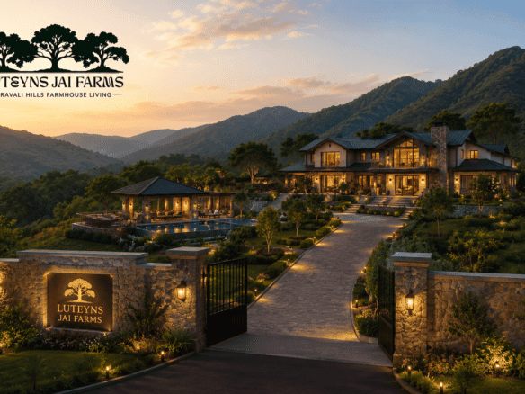 Luxurious farmhouse estate at sunset with mountain views at Lutyens Jai Farmland.