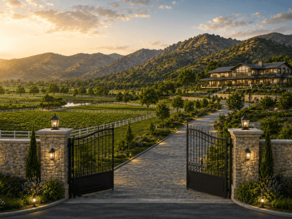 Luxury estate entrance with scenic mountain views and lush greenery.