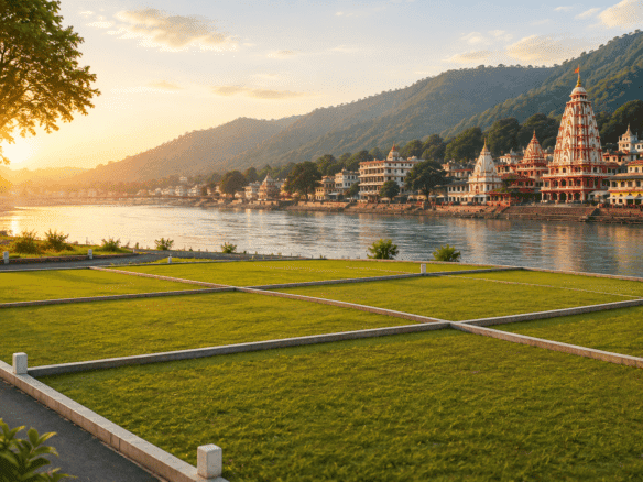 Scenic view of Haridwar riverfront with temples and mountains at sunset.