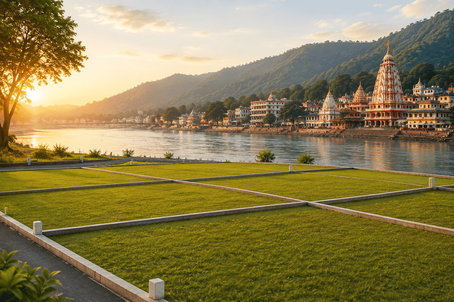 Scenic view of Haridwar riverfront with temples and mountains at sunset.
