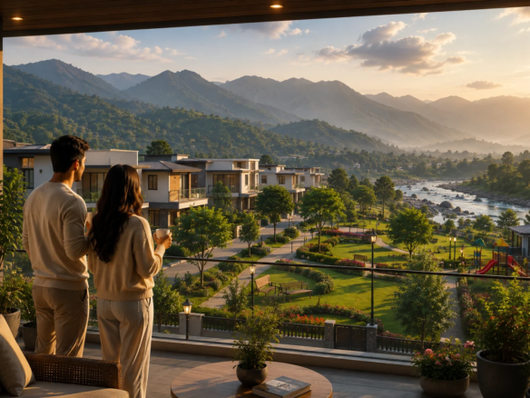 Couple enjoying sunset view of Dehradun mountains from balcony.