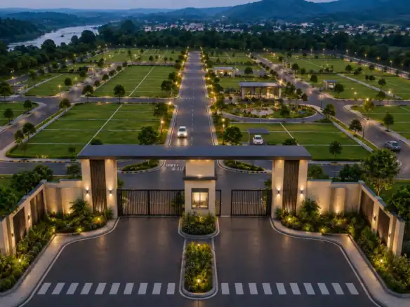Aerial view of Vriddhi Homez gated community with landscaped gardens and roads in Dehradun.